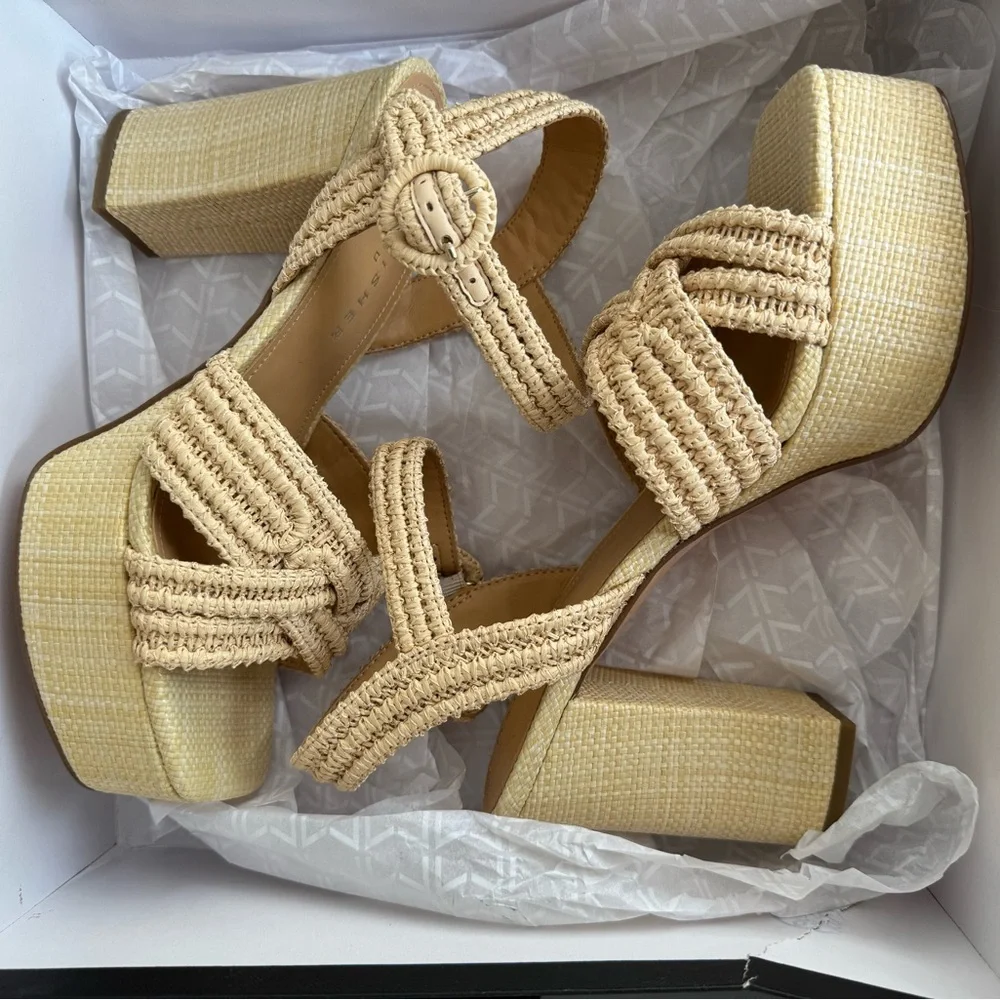 Marc Fisher Chesse rattan Cream Platform Shoes with Chunky Heel - Picture 2 of 9